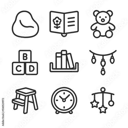 Children's Reading Icons. Outline icon set of children’s reading corner: kid’s beanbag, picture book, plush toy, alphabet blocks,