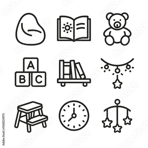 Children's Reading Icons. Outline icon set of children’s reading corner: kid’s beanbag, picture book, plush toy, alphabet blocks,
