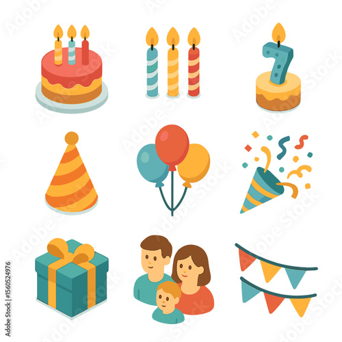 Birthday Celebration Icons. Isometric Flat icon set of birthday cake candle blowing: birthday cake, lit candles, cake topper,