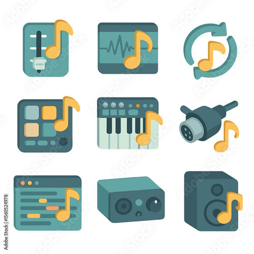Digital Music Production Icons. Isometric Flat icon set of digital music production: mixing console fader with note, waveform with