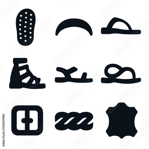 Black Footwear Icons. Solid, filled icon set of footwear details: sandal sole, sandal strap, thong sandal, gladiator sandal, heel