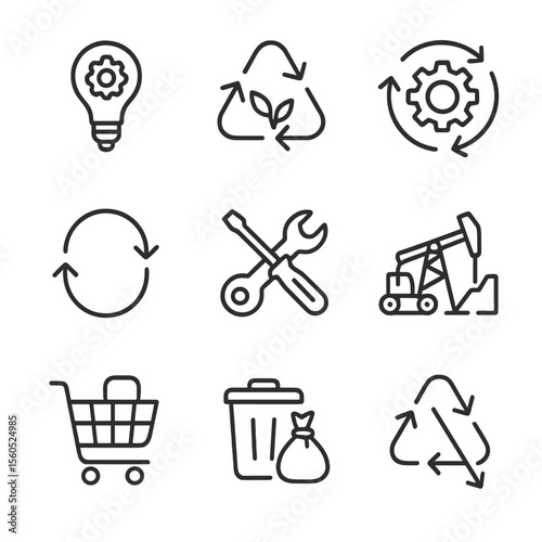 Circular Economy Icons. Outline icon set of circular economy processes: product design, material recovery, remanufacturing, reuse