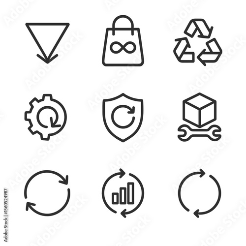 Circular Economy Icons. Outline icon set of Circular economy principles: reduce, reuse, recycle, remanufacture, refurbish, recover
