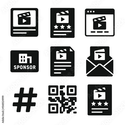 Black Film Icons Grid. Solid, filled icon set of film festival marketing: social media post, flyer, website page, sponsor logo,