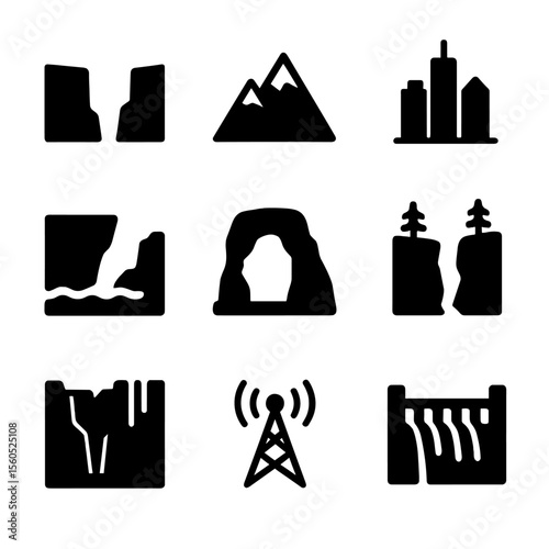 Black Landscape Icons Grid. Solid, filled icon set of jump site landscapes: canyon gap, alpine ridge, city skyline, coastal cliff,