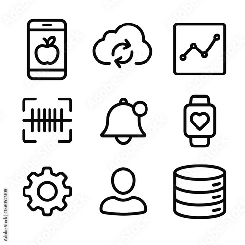 Digital Nutrition Icons. Outline icon set of digital nutrition tools: mobile app icon, cloud sync arrows, data graph, barcode
