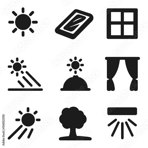 Black Light Icons. Solid, filled icon set of natural light sources: sun, skylight, window, reflection, daylight sensor, open