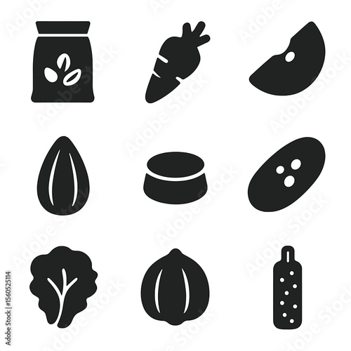 Black Hamster Food Icons. Solid, filled icon set of hamster food: seed mix, carrot, apple slice, sunflower seed, pellet, cucumber,