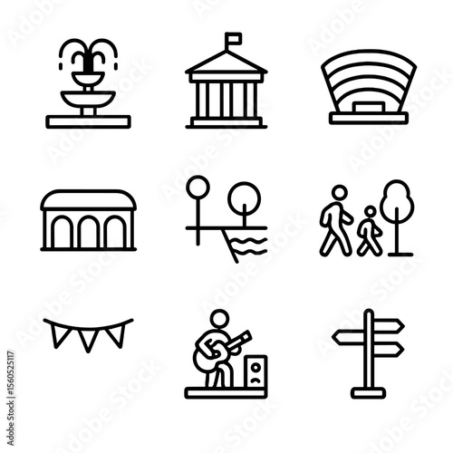 Civic Icons Collection. Outline icon set of civic gathering spaces: central plaza fountain, town hall portico, open-air
