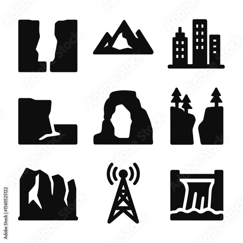 Black Landscape Icons Grid. Solid, filled icon set of jump site landscapes: canyon gap, alpine ridge, city skyline, coastal cliff,