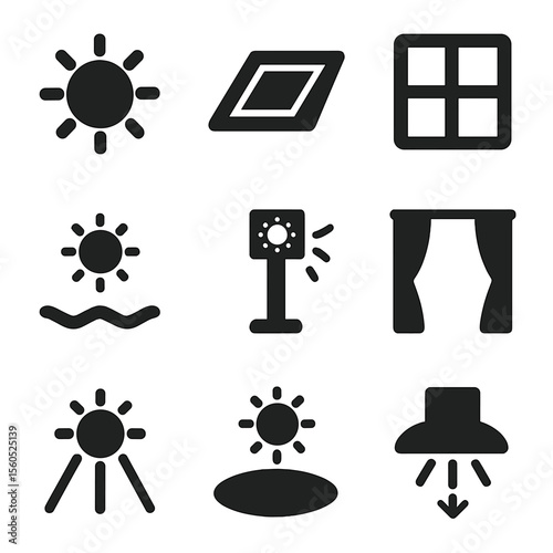 Black Light Icons. Solid, filled icon set of natural light sources: sun, skylight, window, reflection, daylight sensor, open