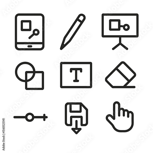 Digital Whiteboard Icons. Outline icon set of digital whiteboarding: tablet screen, stylus pen, digital board, shape tool, text