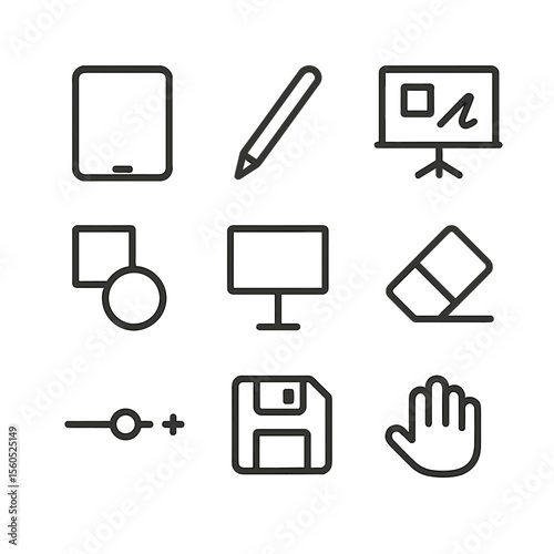 Digital Whiteboard Icons. Outline icon set of digital whiteboarding: tablet screen, stylus pen, digital board, shape tool, text