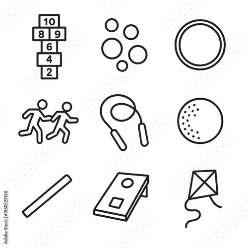 Classic Outdoor Games Icons. Outline icon set of classic outdoor games: hopscotch layout, marbles, hula hoop, tag game outline,