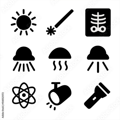 Black Ray Icons Grid. Solid, filled icon set of ray types and sources: sun ray, laser beam, X-ray, light beam, infrared ray,