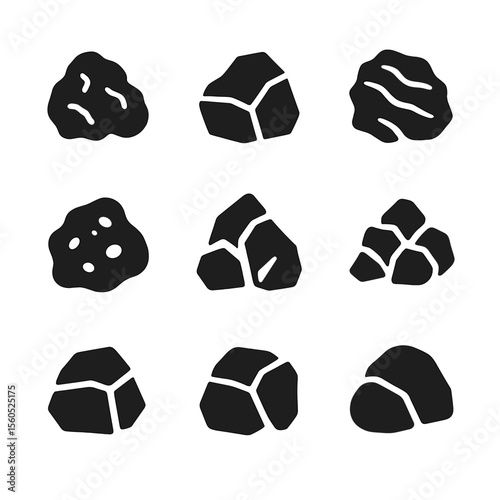 Black Metal Icons. Solid, filled icon set of metal ores: iron ore, copper ore, bauxite, gold nugget, silver ore, tin ore, zinc ore