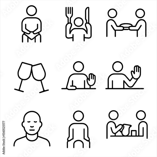 Dinner Etiquette Icons. Outline icon set of dinner etiquette: napkin on lap, holding utensils properly, passing dish, toasting