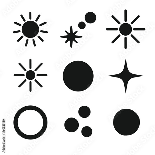 Black Sunburst Icons. Solid, filled icon set of sun flare effects: sunburst, lens flare, light rays, glowing orb, star sparkle,