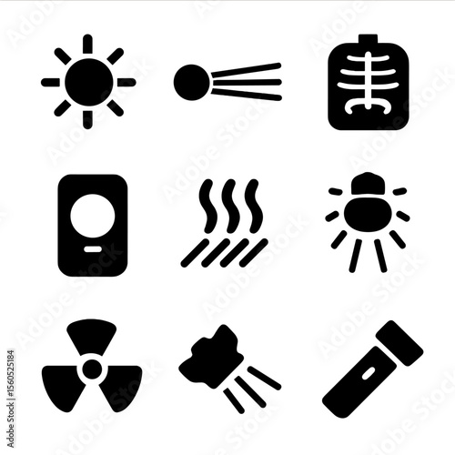 Black Ray Icons Grid. Solid, filled icon set of ray types and sources: sun ray, laser beam, X-ray, light beam, infrared ray,