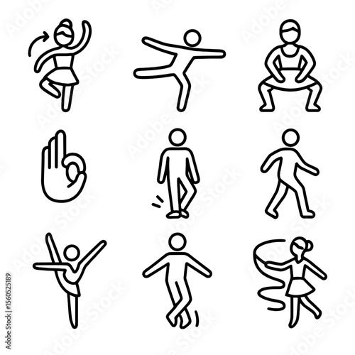 Classical Dance Icons. Outline icon set of classical dance movements: pirouette spin, arabesque line, plié bend, mudra hand sign,