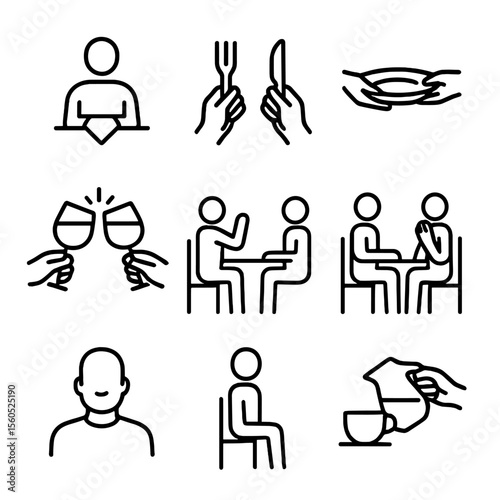 Dinner Etiquette Icons. Outline icon set of dinner etiquette: napkin on lap, holding utensils properly, passing dish, toasting
