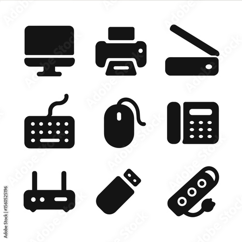 Black Office Icons. Solid, filled icon set of office electronics: desktop monitor, printer, scanner, keyboard, mouse, landline