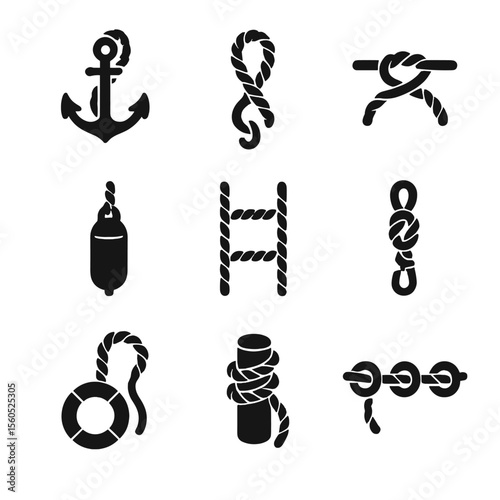 Boat Rope Icons. Solid, filled icon set of rope applications on boats: anchor rope, towing rope, dock line, fender rope, safety
