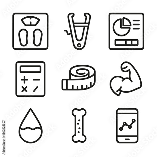 Body Metrics Icons. Outline icon set of body composition metrics: scale, caliper, body fat percentage chart, BMI calculator, tape