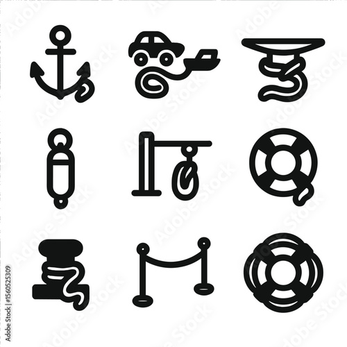 Boat Rope Icons. Solid, filled icon set of rope applications on boats: anchor rope, towing rope, dock line, fender rope, safety