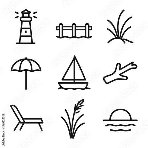 Coastal Icon Set. Outline icon set of coastal landscape features: lighthouse, wooden pier, dune grass, beach umbrella, sailboat