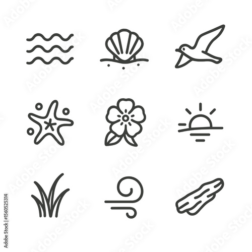 Coastal Nature Outline Icons. Outline icon set of May coastal nature moments: gentle waves, seashell on sand, migrating seabird,