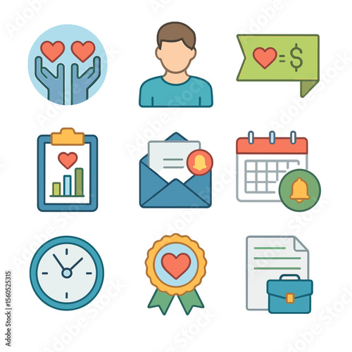 Donation Campaign Icons. Isometric Flat icon set of donation matching campaign: matching gift logo, donor avatar, company match