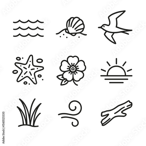 Coastal Nature Icons. Outline icon set of May coastal nature moments: gentle waves, seashell on sand, migrating seabird, tidepool