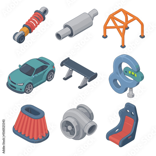 Drift Car Tuning Icons. Isometric Flat icon set of drift car tuning and modifications: coilover suspension, aftermarket exhaust,
