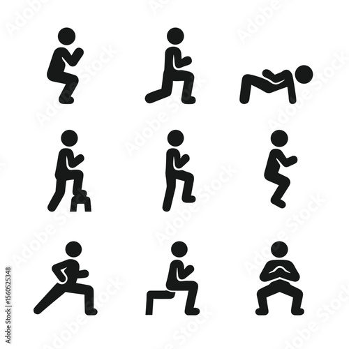 Bodyweight Workout Icons. Solid, filled icon set of lower body bodyweight workouts: bodyweight squat, lunge, glute bridge, step-up
