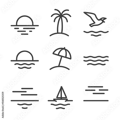 Coastal Sunset Icons. Outline icon set of Coastal sunsets: sun setting over ocean, palm tree silhouette, gentle waves, seagull in