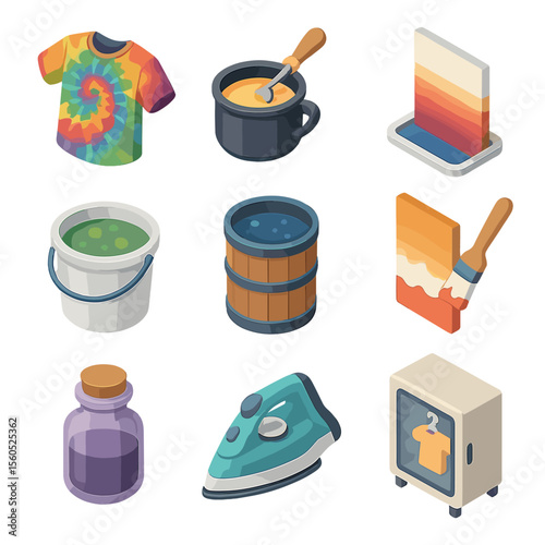 Dyeing Techniques Icons. Isometric Flat icon set of dyeing and finishing techniques: tie-dye shirt, batik wax pot, dip-dye