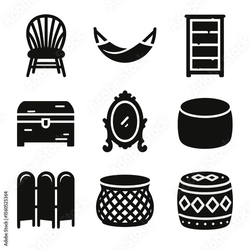 Boho Furniture Icon Set. Solid, filled icon set of Boho furniture pieces: rattan chair, hammock, distressed bookshelf, wooden