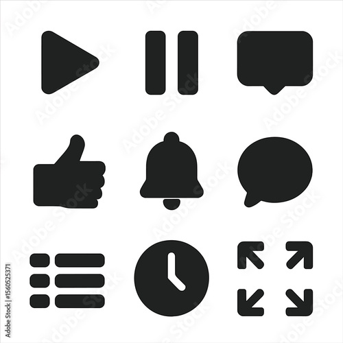 Black Video Icon Grid. Solid, filled icon set of video platform CTAs: play button, pause symbol, subscribe label, thumbs up,