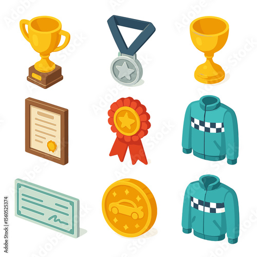 Drift Championship Awards Icons. Isometric Flat icon set of drift championship awards and trophies: gold trophy, silver medal,
