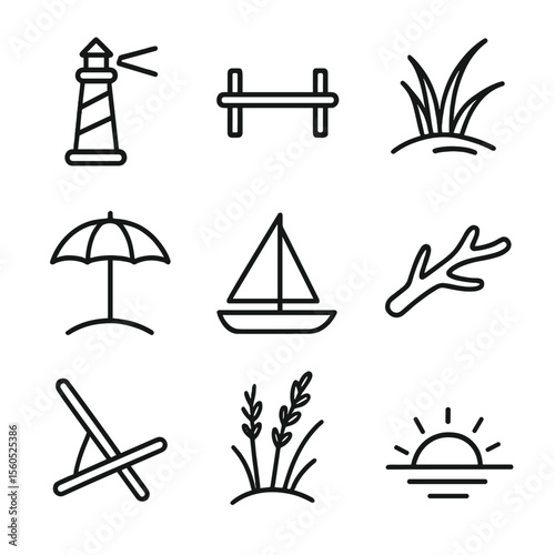 Coastal Icon Set. Outline icon set of coastal landscape features: lighthouse, wooden pier, dune grass, beach umbrella, sailboat