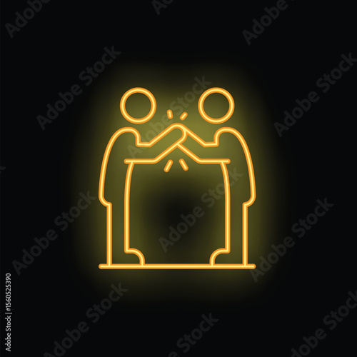 Neon sign of two businessmen shaking hands over a contract on a black background