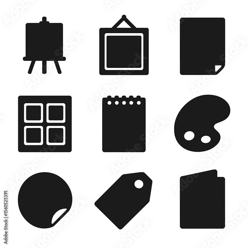 Blank Art Icons Grid. Solid, filled icon set of blank creative elements: blank canvas, empty photo frame, blank poster, empty