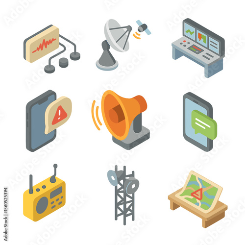 Early Warning Icons. Isometric Flat icon set of early warning and preparedness systems: seismic sensor network, satellite uplink,