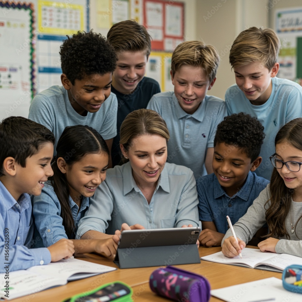 Fototapeta premium Diverse Elementary Students and Teacher Collaborate on Tablet in Classroom
