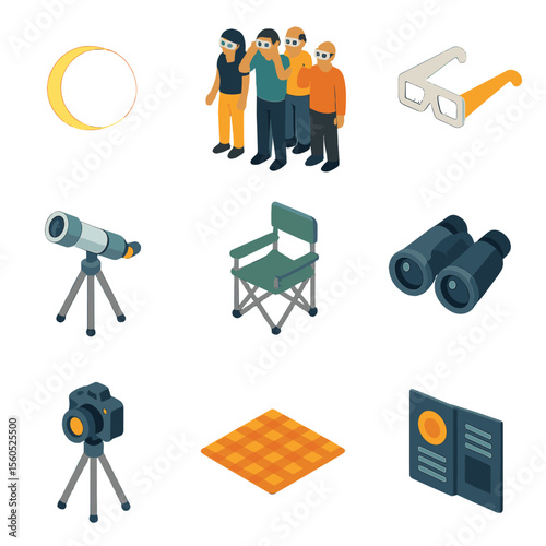 Eclipse Viewing Icons. Isometric Flat icon set of eclipse viewing crowd in the dark: solar eclipse, eclipse glasses, telescope,