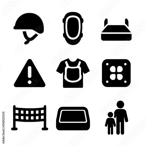 Bounce Safety Icons. Solid, filled icon set of bounce safety: helmet icon, knee pad, floor padding, warning sign, protective gear,