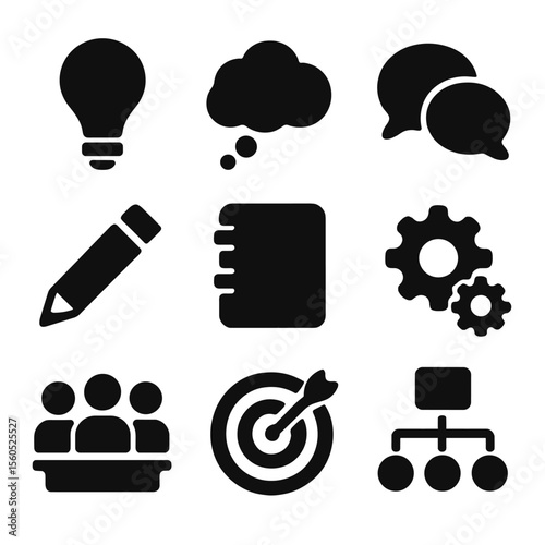 Brainstorming Icon Grid. Solid, filled icon set of brainstorming ideas process: lightbulb, thought cloud, speech bubbles, pencil,