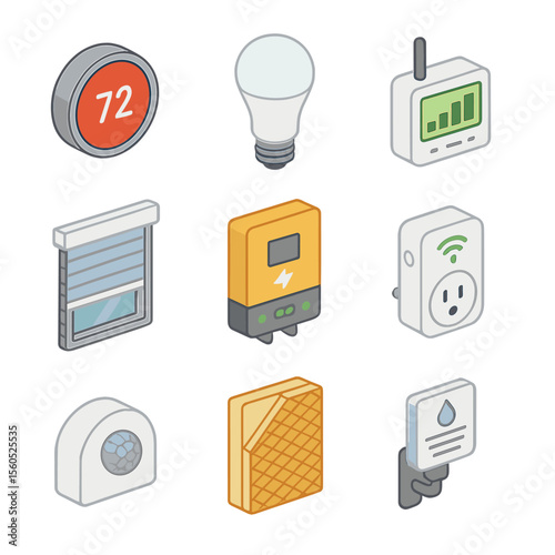 Eco Smart Home Icons. Isometric Flat icon set of eco-smart home devices: smart thermostat, LED bulb, energy monitor, smart window