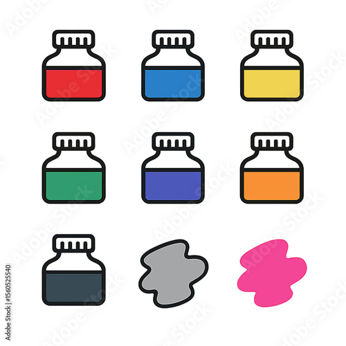 Colored Ink Icon Grid. Outline icon set of colored ink bottles and swatches: primary red ink bottle, cobalt blue ink bottle, lemon